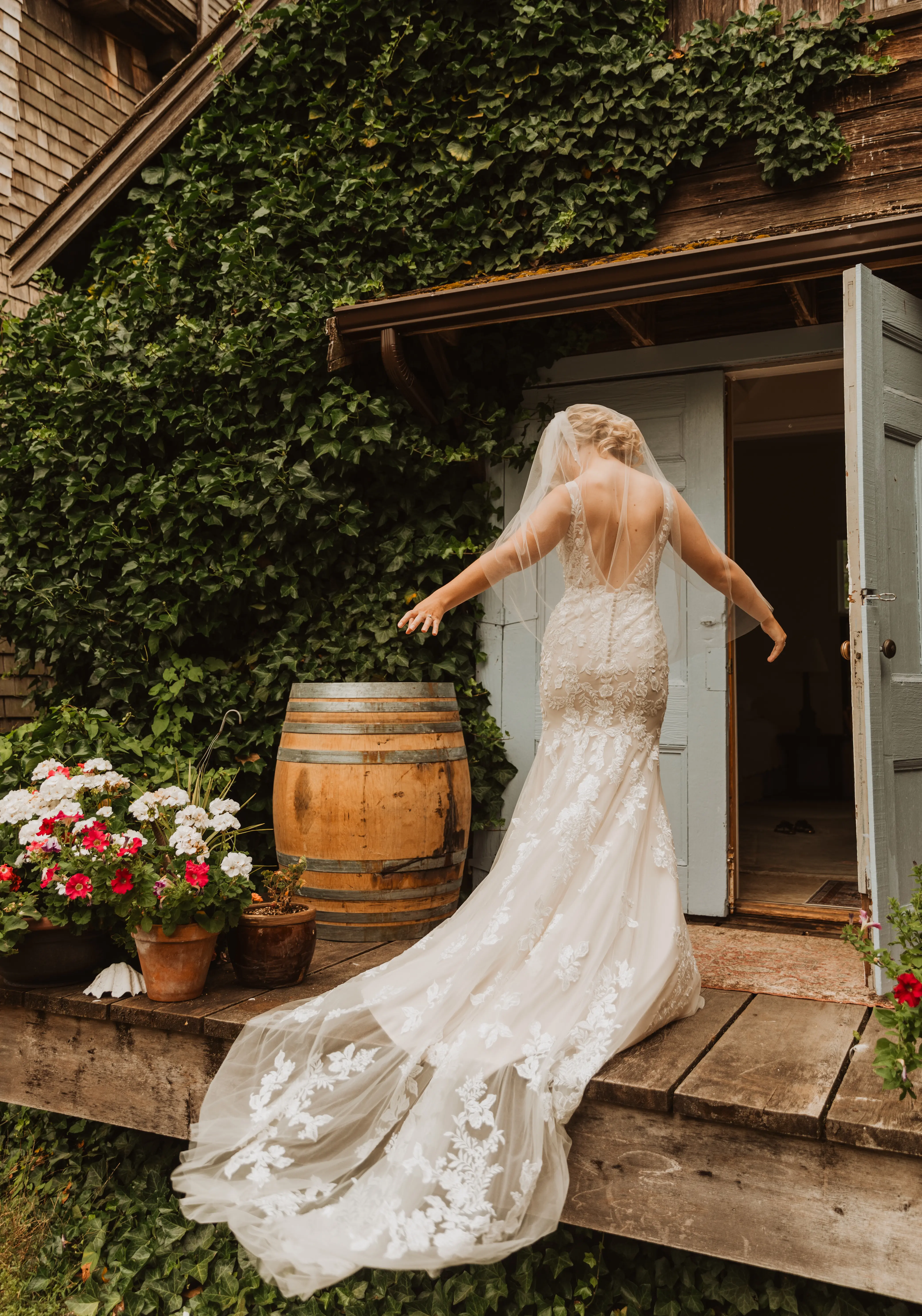 Back of a bride wearing Greenley wedding dress by Maggie Sottero