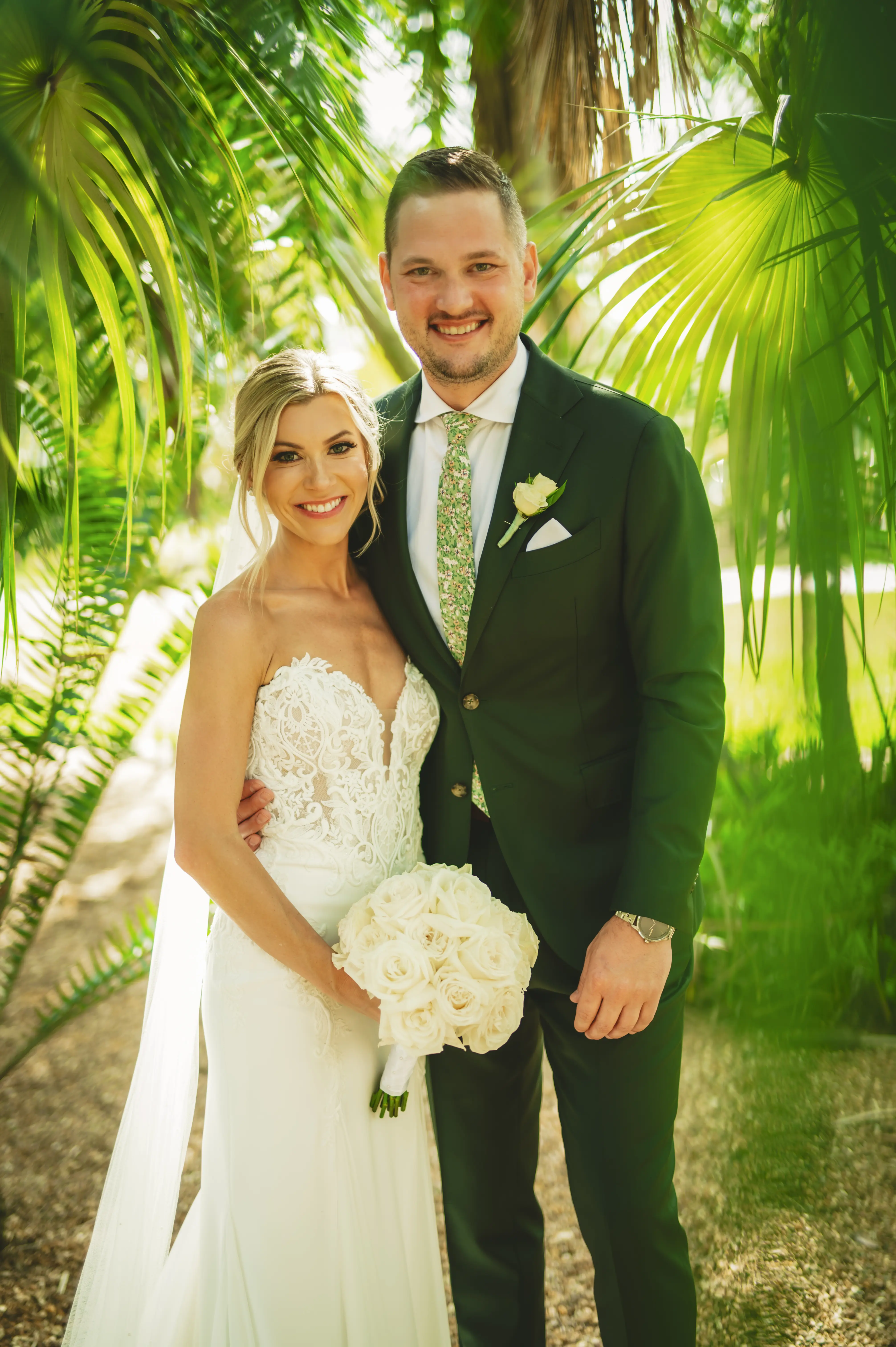 Real Bride in Fit-and-Flare Strapless Chiffon Wedding Gown with Sequined Lace Motifs over Chantilly Lace with Corset Detailing Called Giovannetta by Sottero & Midgley