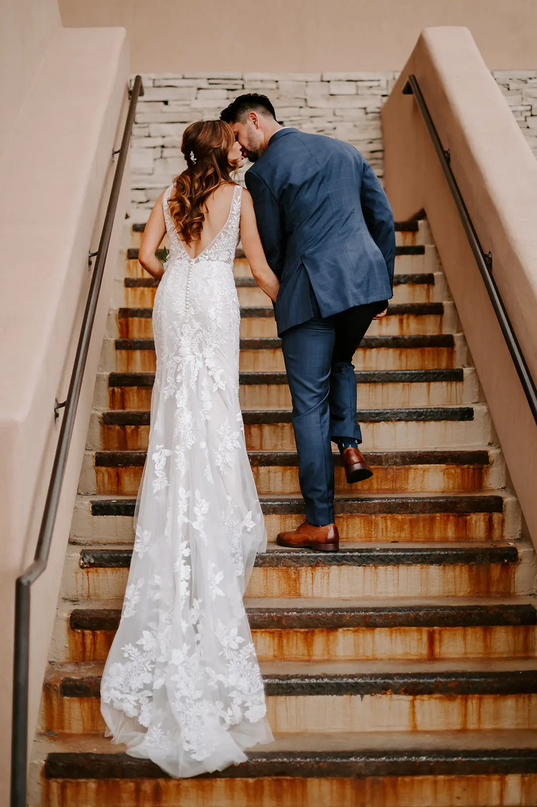 Groom With Bride Wearing Garden Inspired Lace Fit-And-Flare Greenley By Maggie Sottero