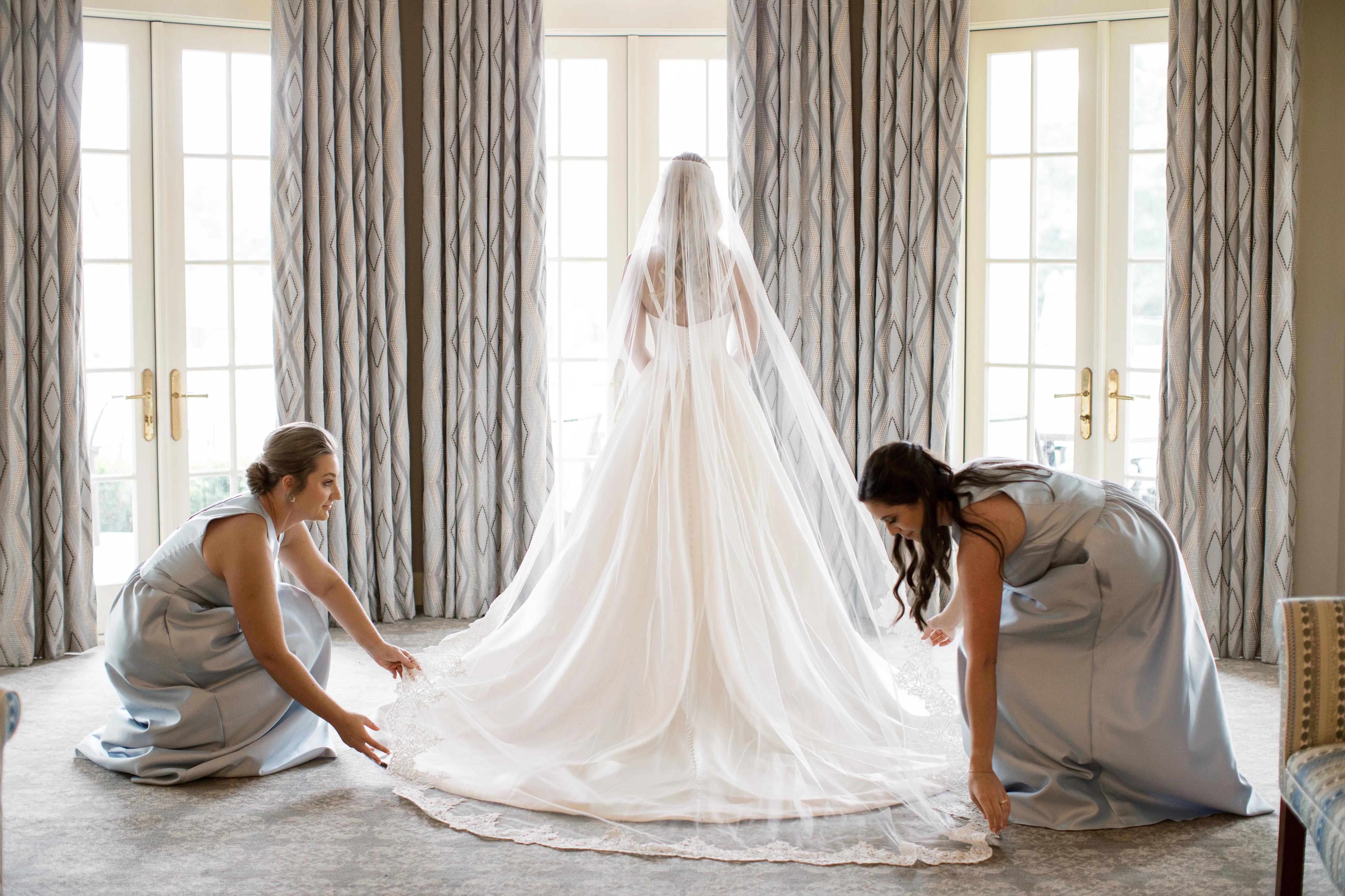 Bride In Satin A-Line Wedding Dress Called Selena By Maggie Sottero With Bridesmaids
