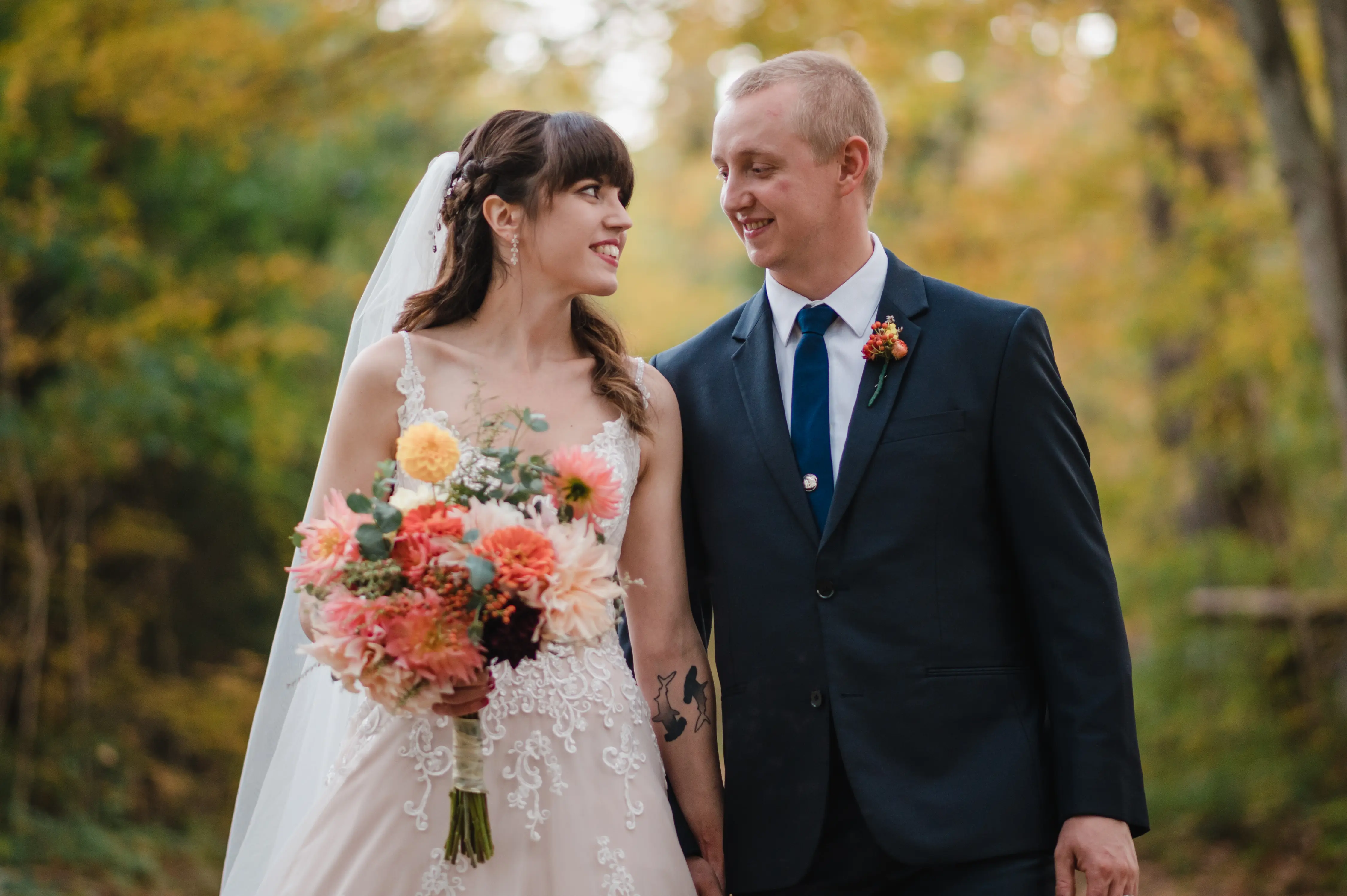 Bride Wearing Lace A-Line Wedding Dress Called Wallis By Maggie Sottero With Groom