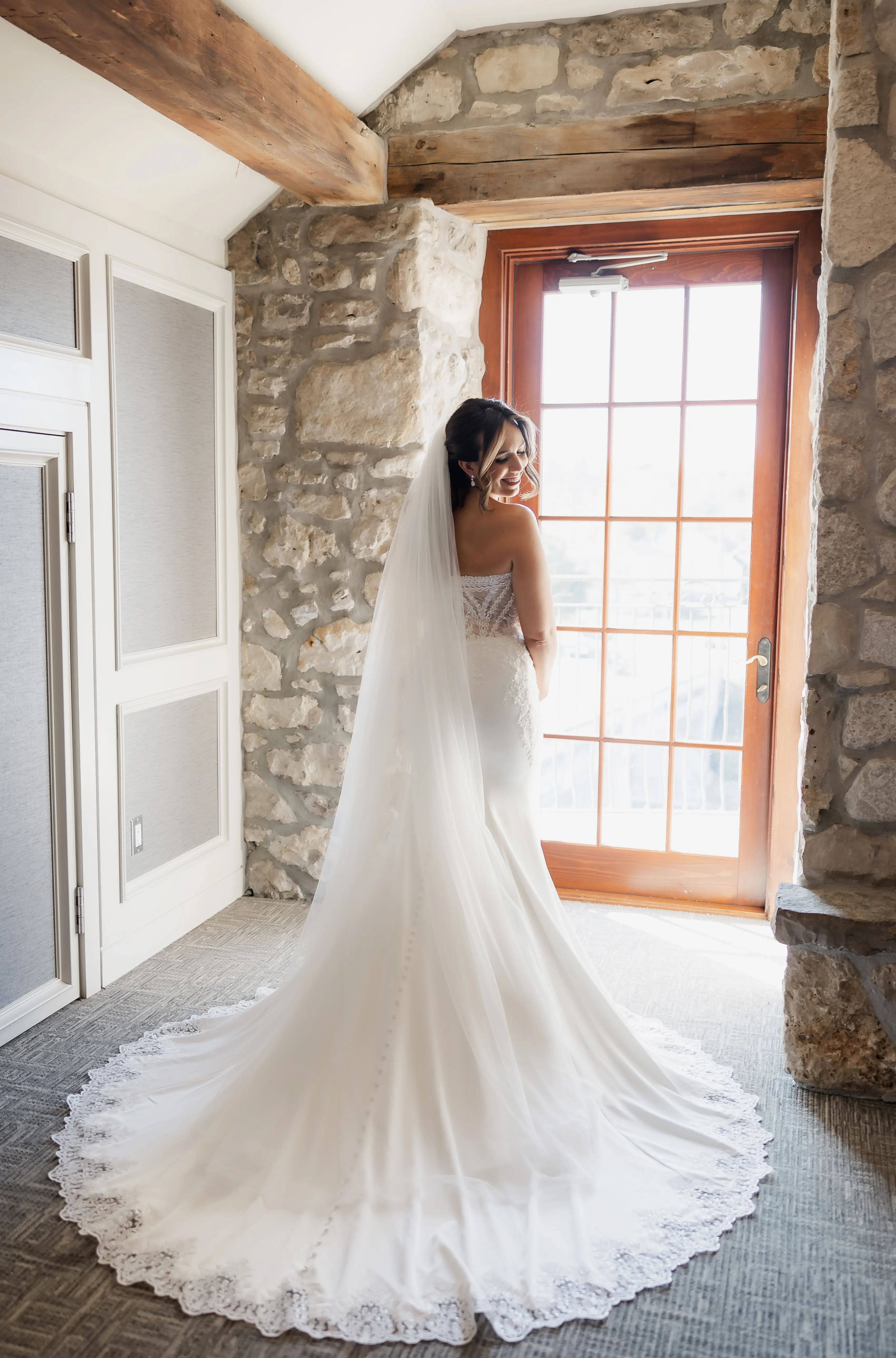 Bride in Opulent Stretch Satin Vintage Sheath Wedding Dress with Scoop Back called Yates by Maggie Sottero