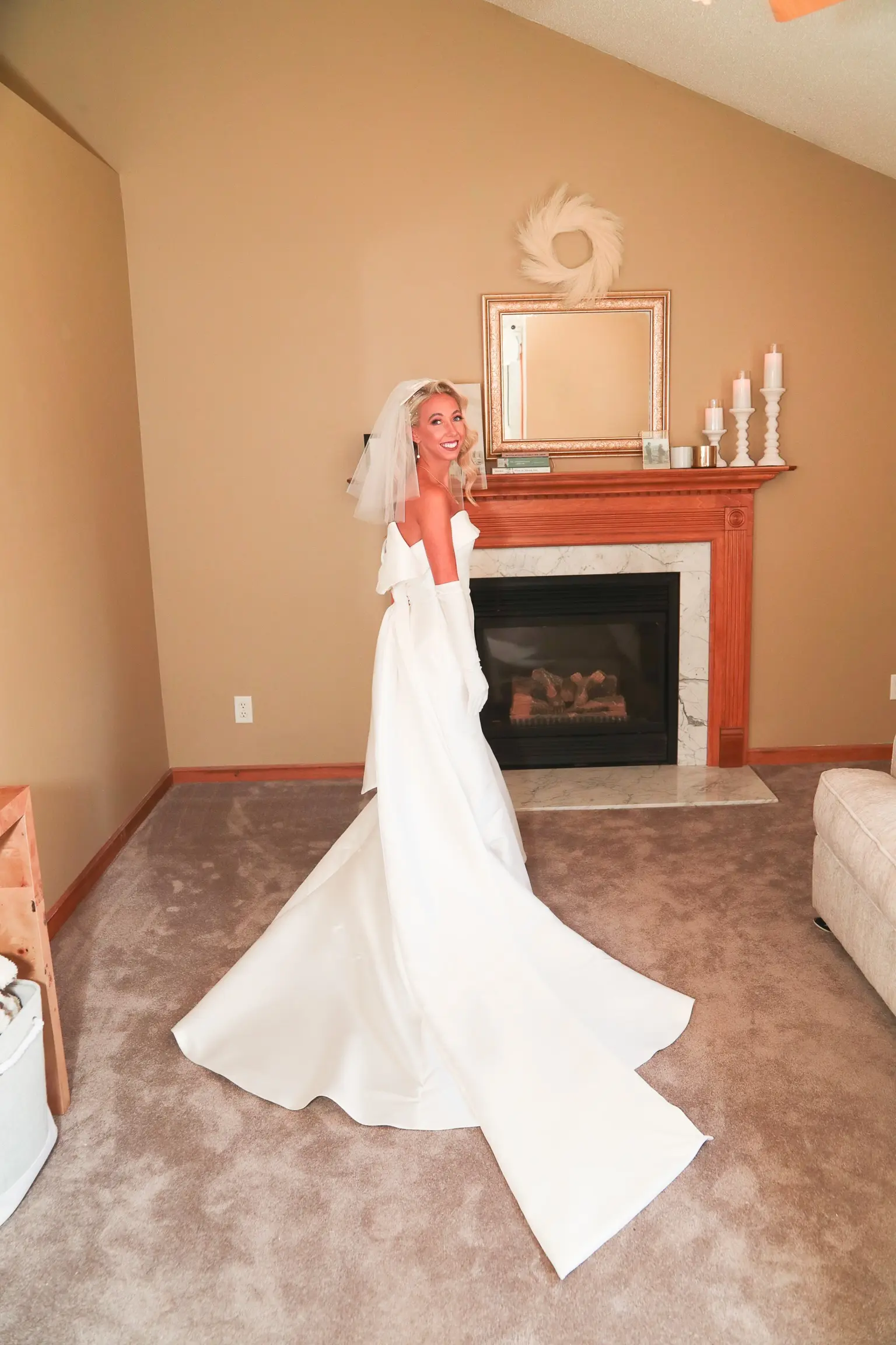 Bride In Simple Satin Wedding Dress With Gloves Called Mitchell By Maggie Sottero