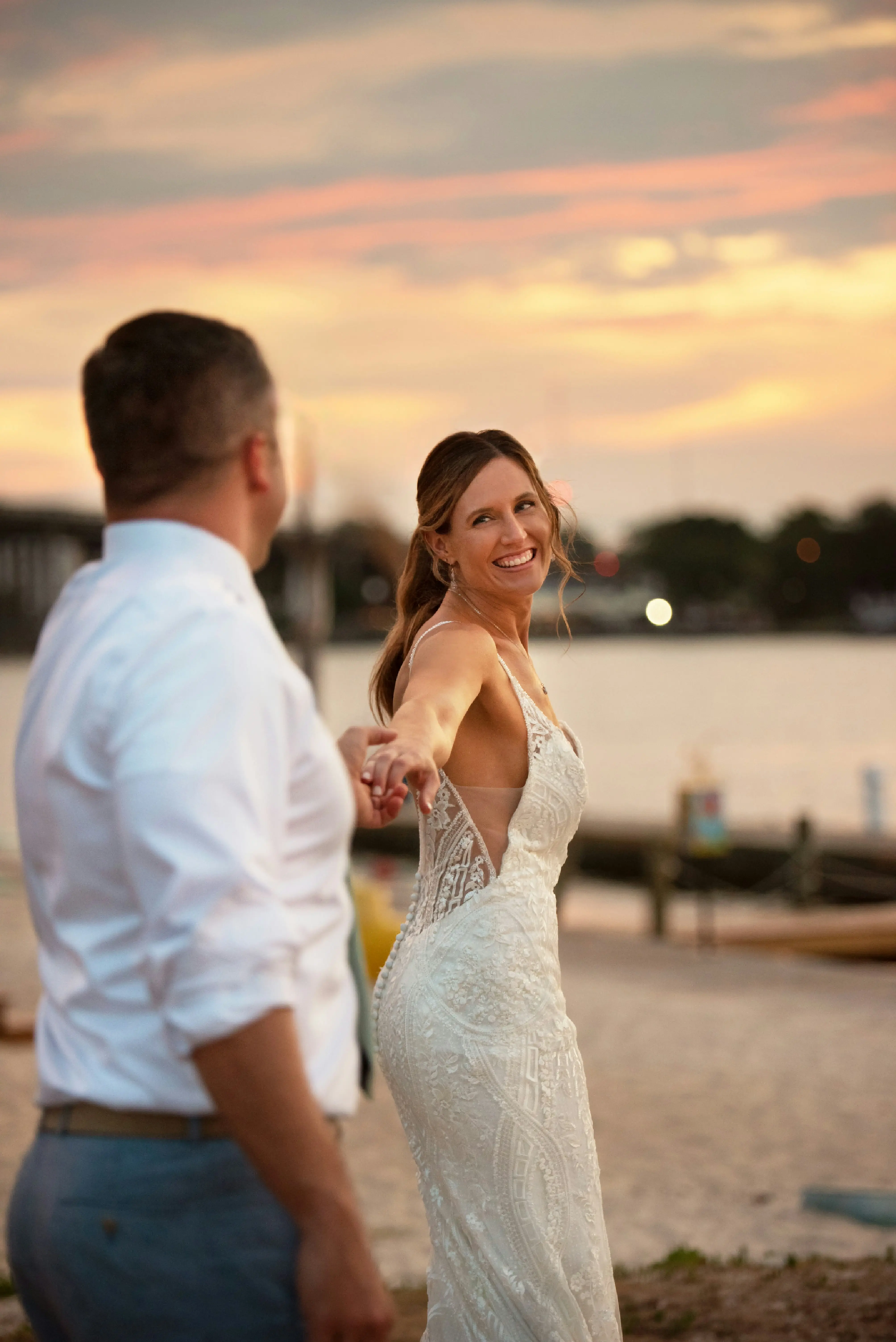 Bride In Sexy V-Back Bailey Sottero Midgley With Groom