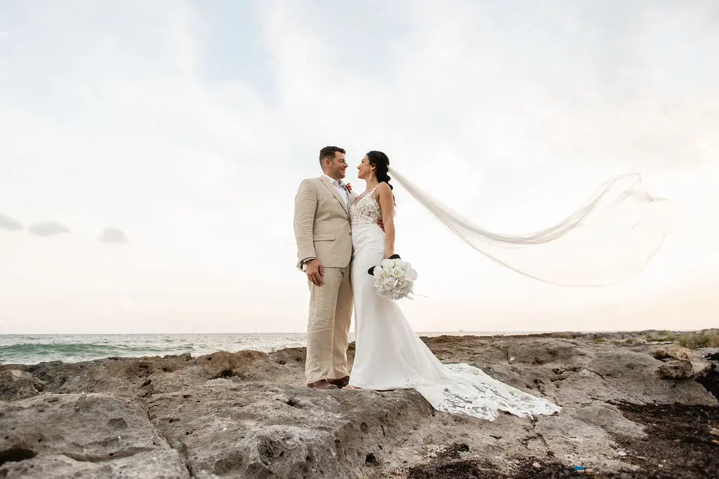 Real Bride in Backless Crepe Bridal Gown with Lace Motifs and Beaded Spaghetti Straps Called Baxley by Maggie Sottero
